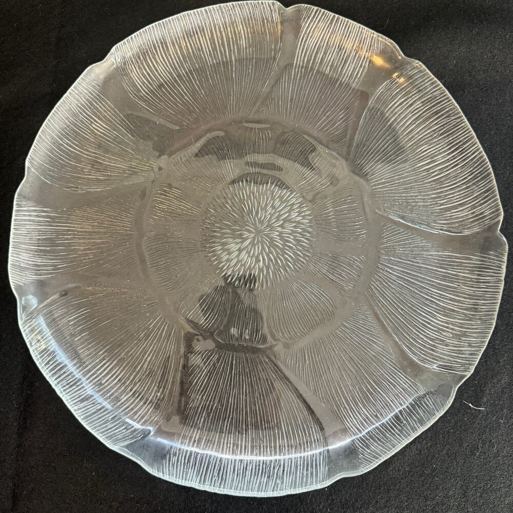 Vintage 80s Arcoroc France Fleur 13" Clear Glass Floral Serving Platter Textured